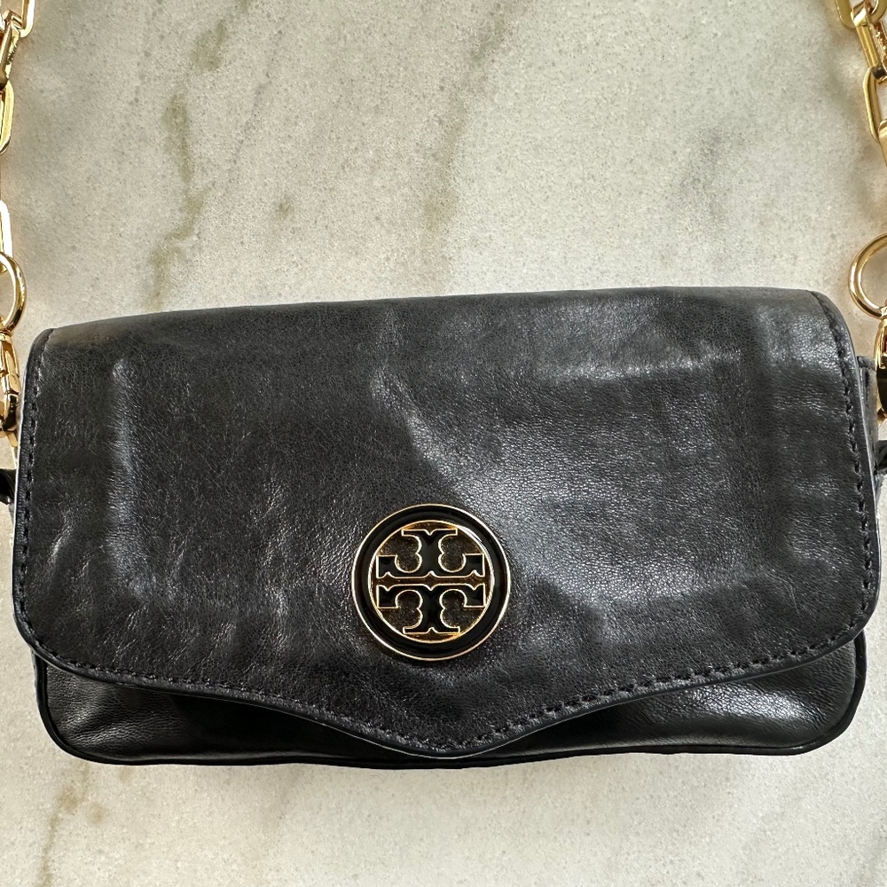Tory Burch Mini Robinson Crossbody Purse, Black Leather with Gold Chain - Picture 4 of 16